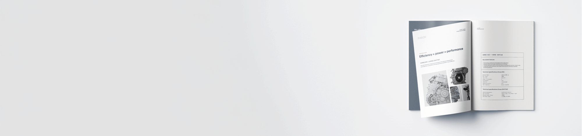 A brochure open to a page showing engine product information