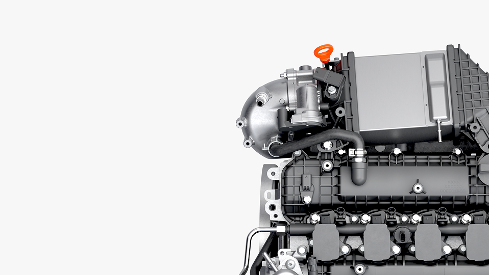 an engine with an orange detail, light grey background