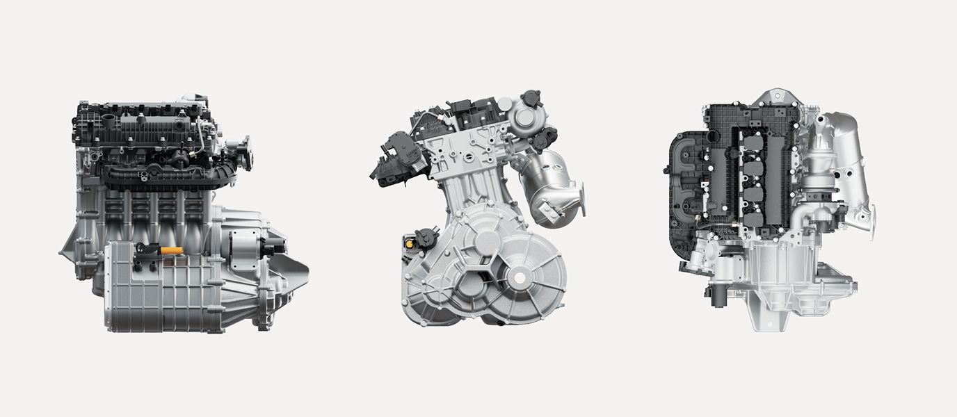 Three different angles of an engine for a Future hybrid system